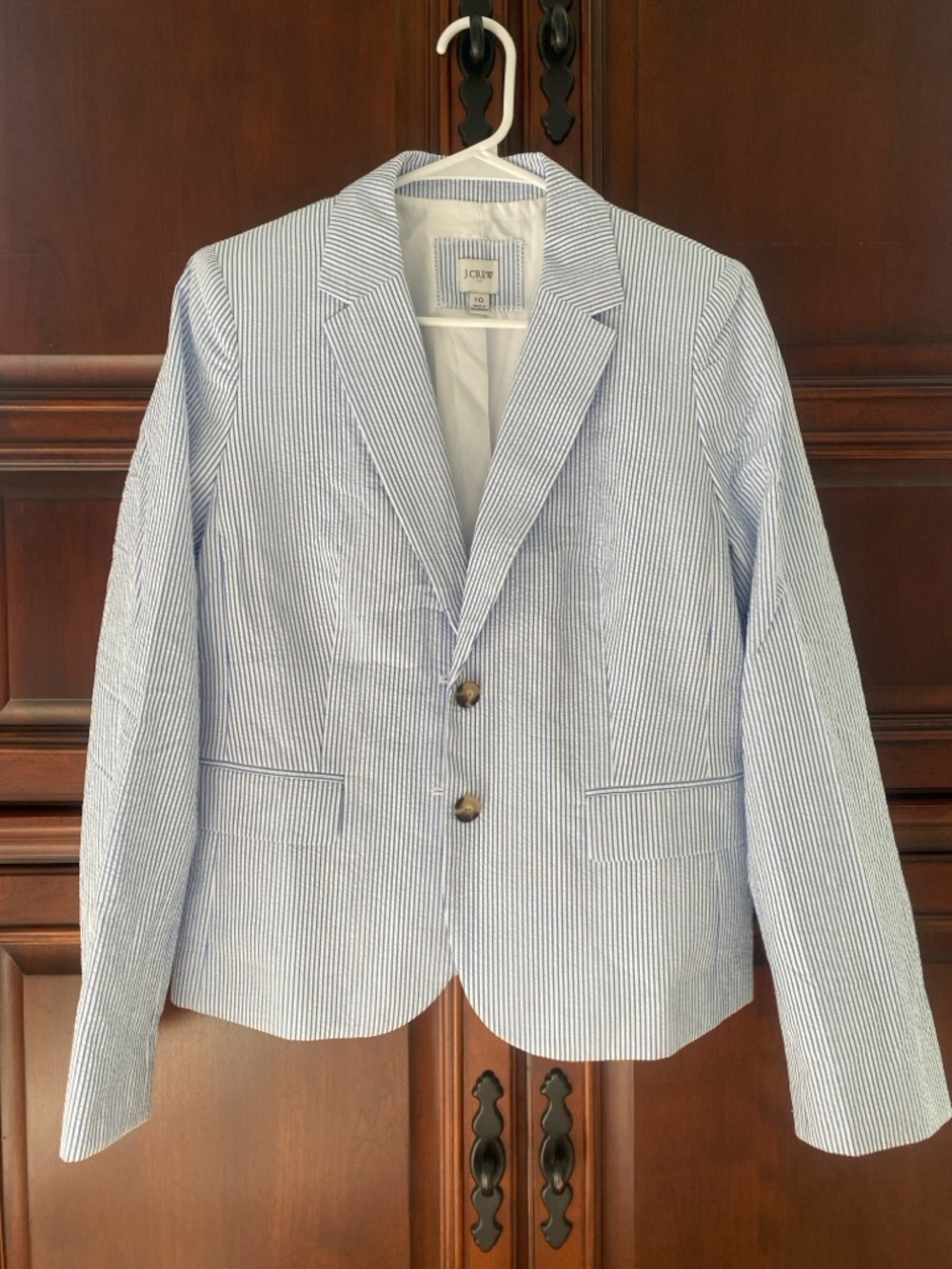 J. Crew Light Blue & White Seersucker Schoolboy Blazer